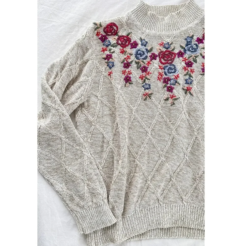 Vintage Alfred Dunner Floral Flower Embroidered  Grandma Knit Sweater Top petite - Picture 4 of 5